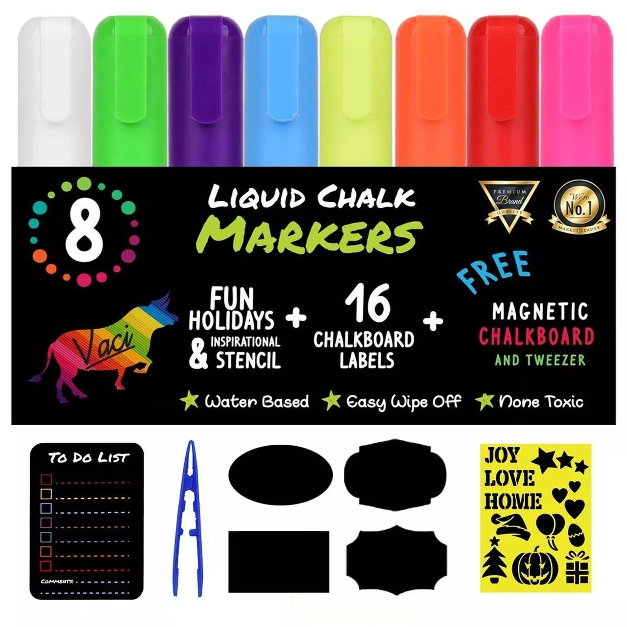 8 Multicolored Liquid Chalk Markers with Magnetic Blackboard, Stencils & Labels